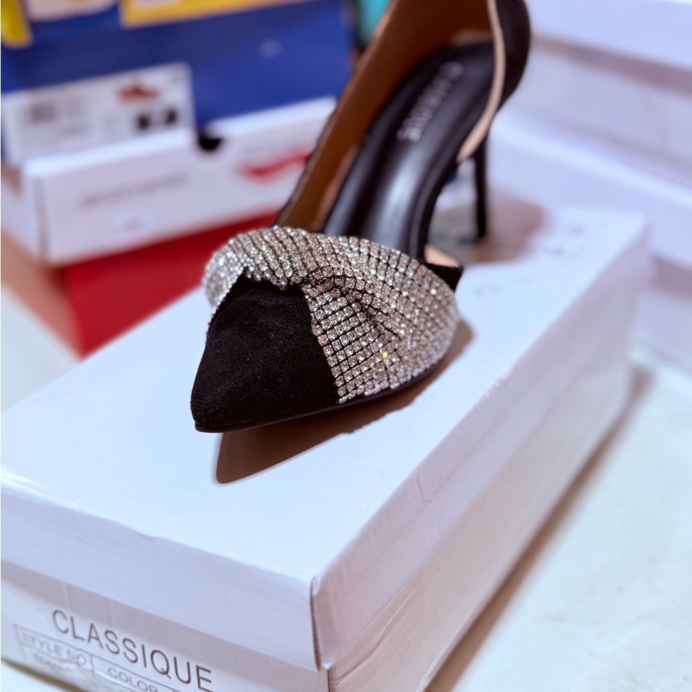 Black Stiletto Heels with Rhinestone Bow